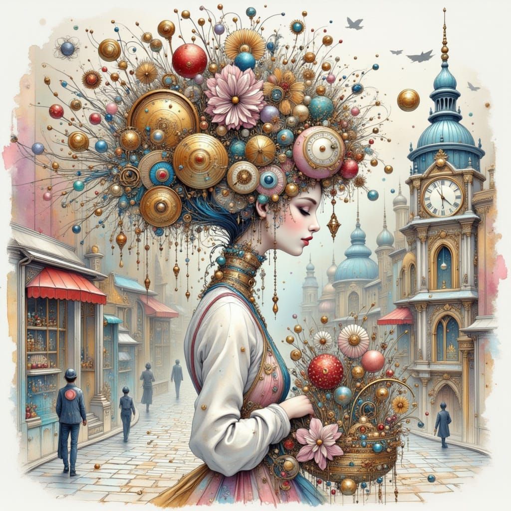 Whimsical Flower Seller with Clockwork Hair - Pen & Ink