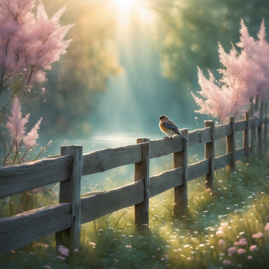 Dreamlike Forest Sunrise with Emerald Bird on Fence