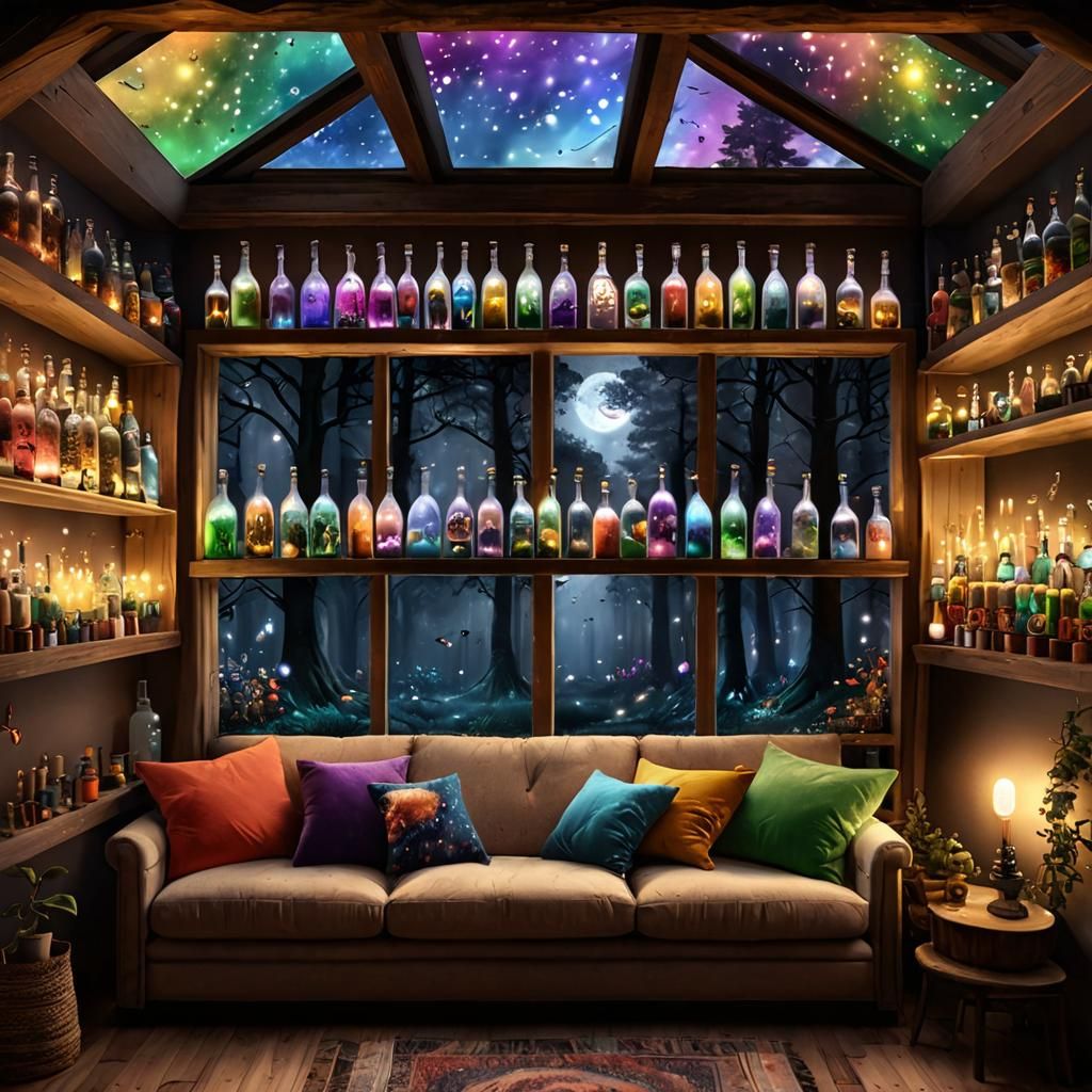 Rainbow Worlds in Bottles: Magical Cozy Bedroom Scene