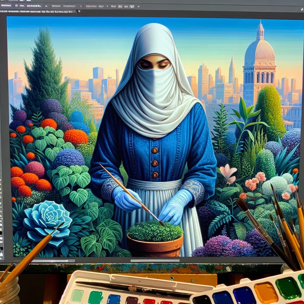 Middle-Eastern Woman Gardening in Acrylic Painting Style