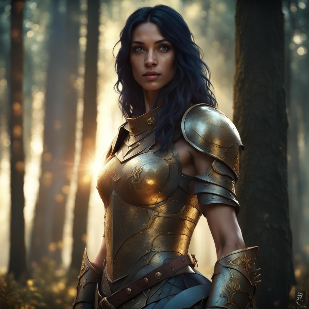 Female Knight Practicing in Forest Sunlight
