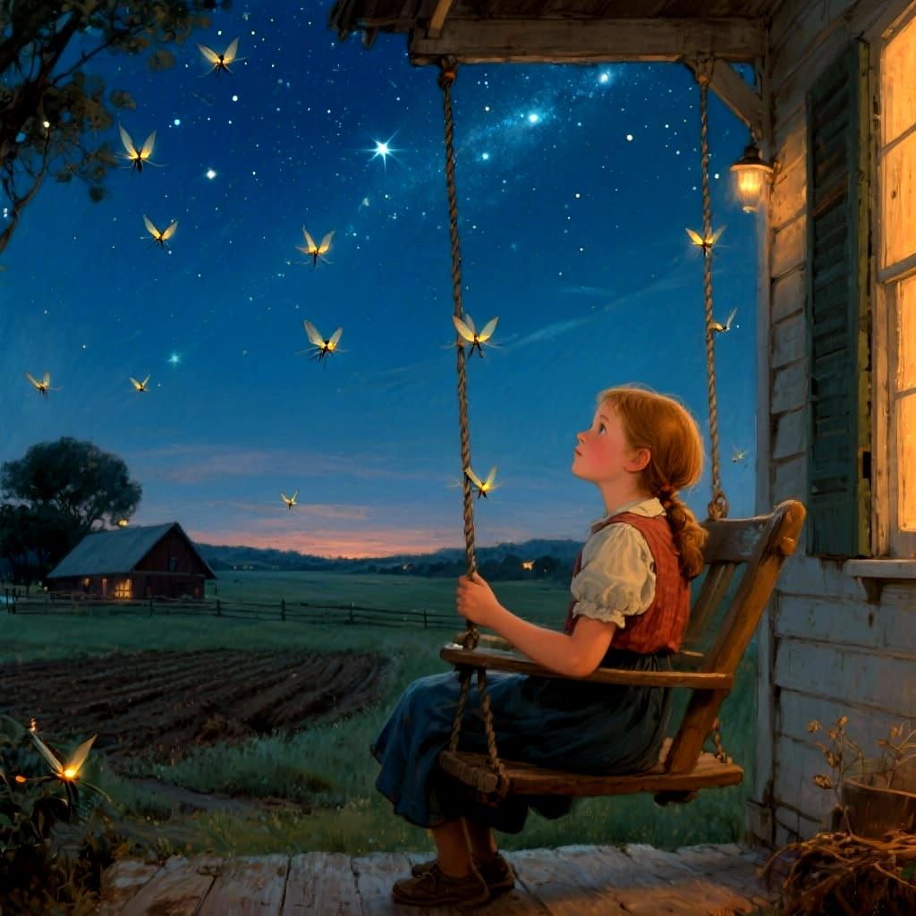 Farm Girl Gazing at Starry Sky on Porch