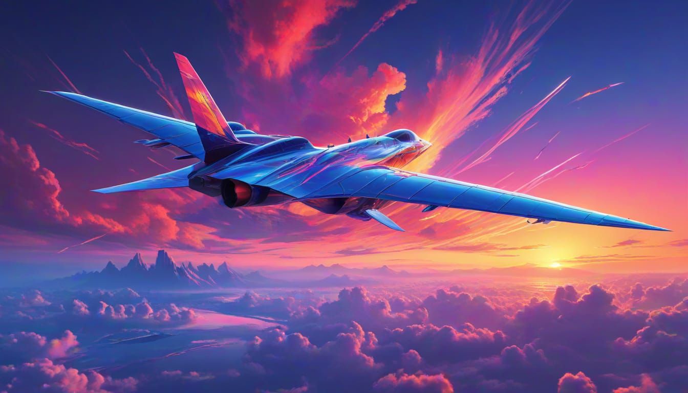 Synthwave Jet Aircraft Takes Flight in Fractal Sunset