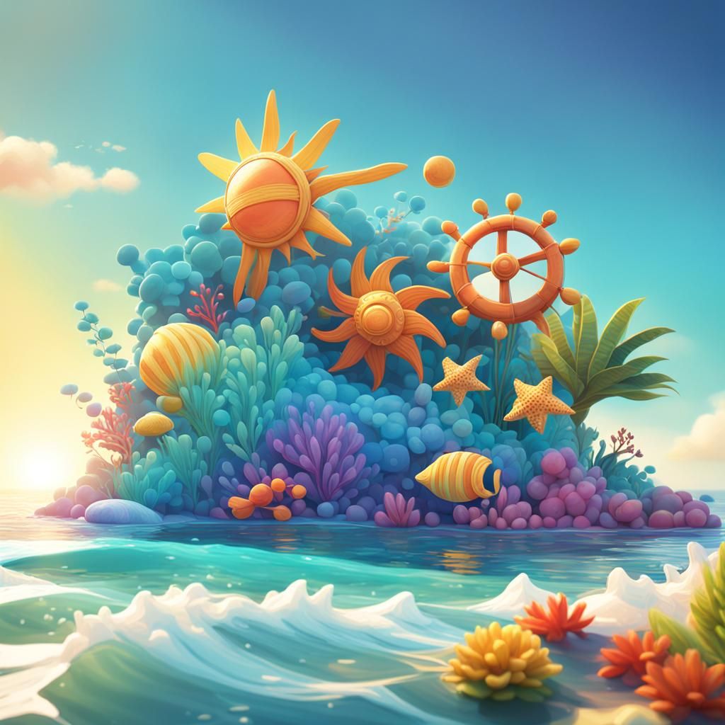 Bright Summer Seascape in 3D Digital Art Style
