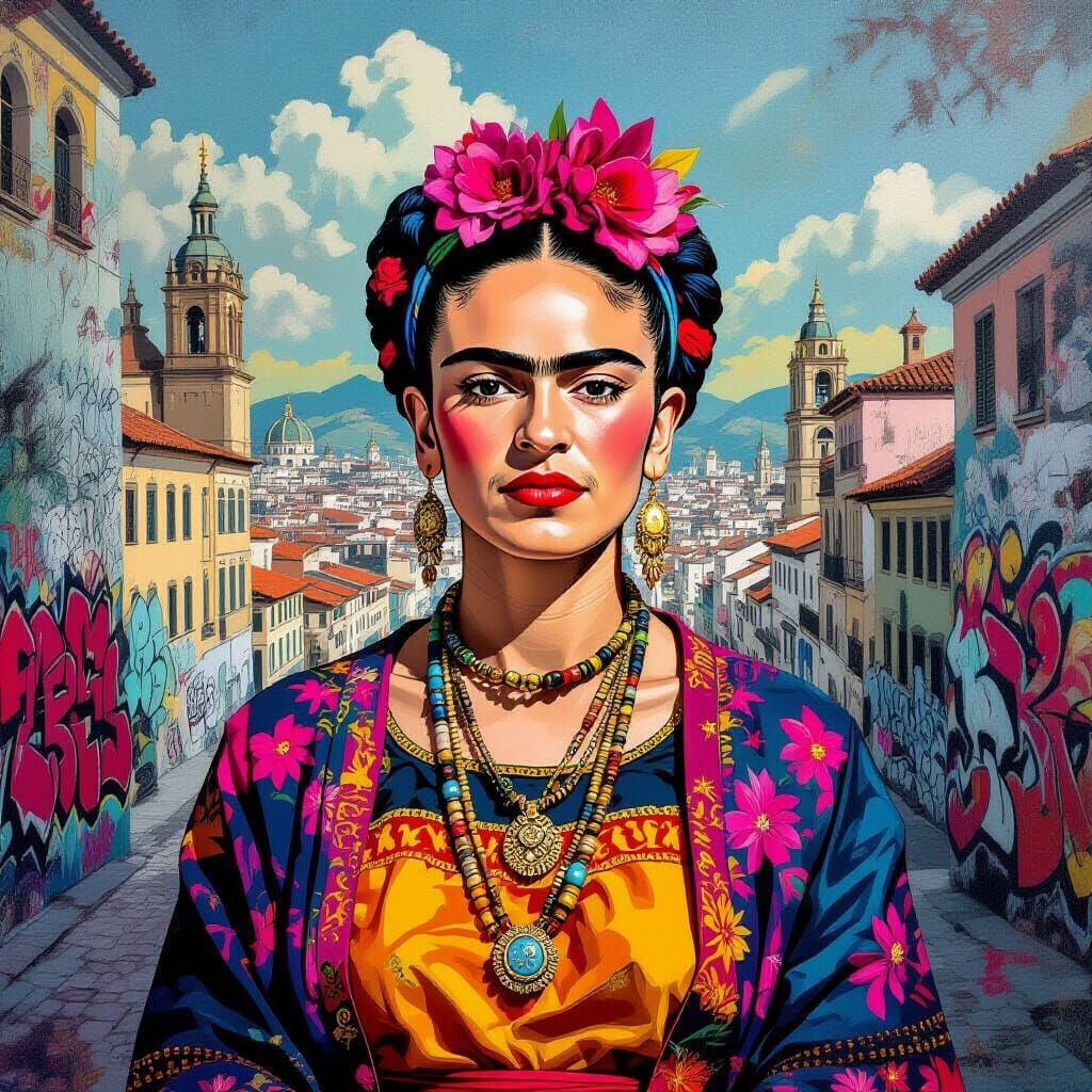 Vibrant Frida Kahlo in a Futuristic Cityscape Mural