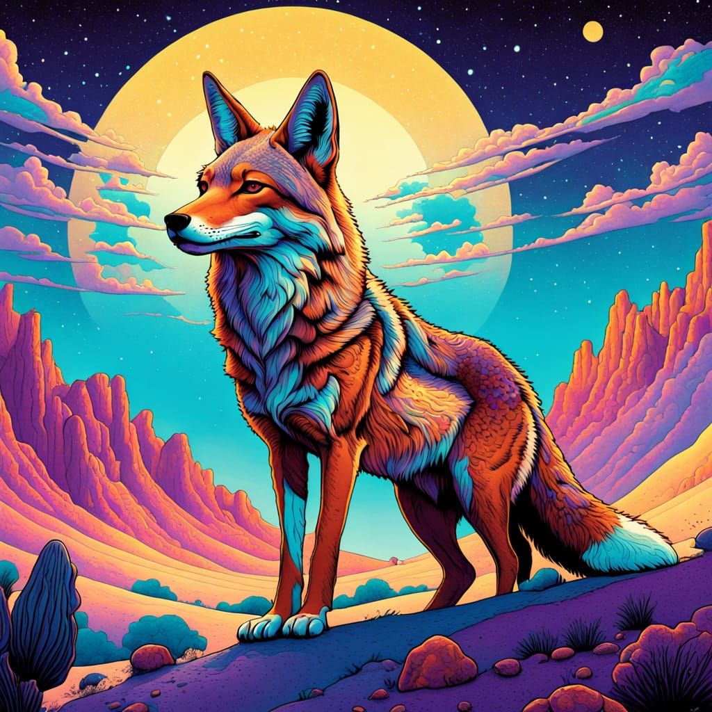 Vibrant Coyote Dreamscape in Moebius-Inspired Psychedelic St...