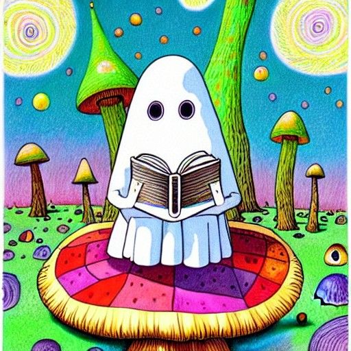 Ghost Reading on Mushroom, Ghibli-esque Pencil Drawing