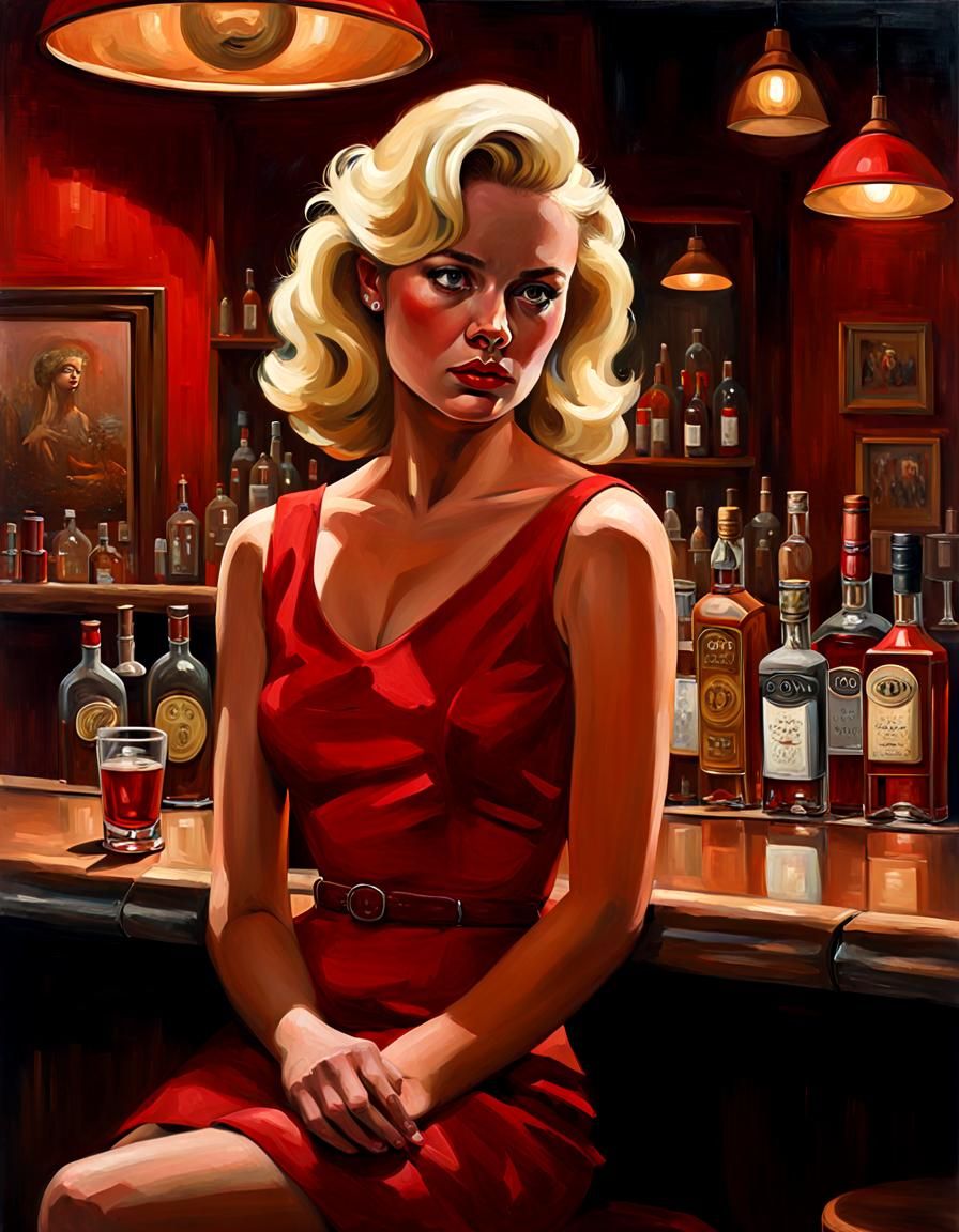 Blonde in Red Dress: Expressive Portrait at Vintage Bar