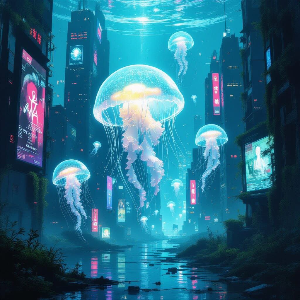 Bioluminescent Jellyfish in Decayed Cyberpunk City