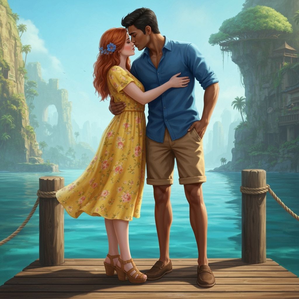 Romantic Couple Kissing on Dock in Detailed Matte Painting S...