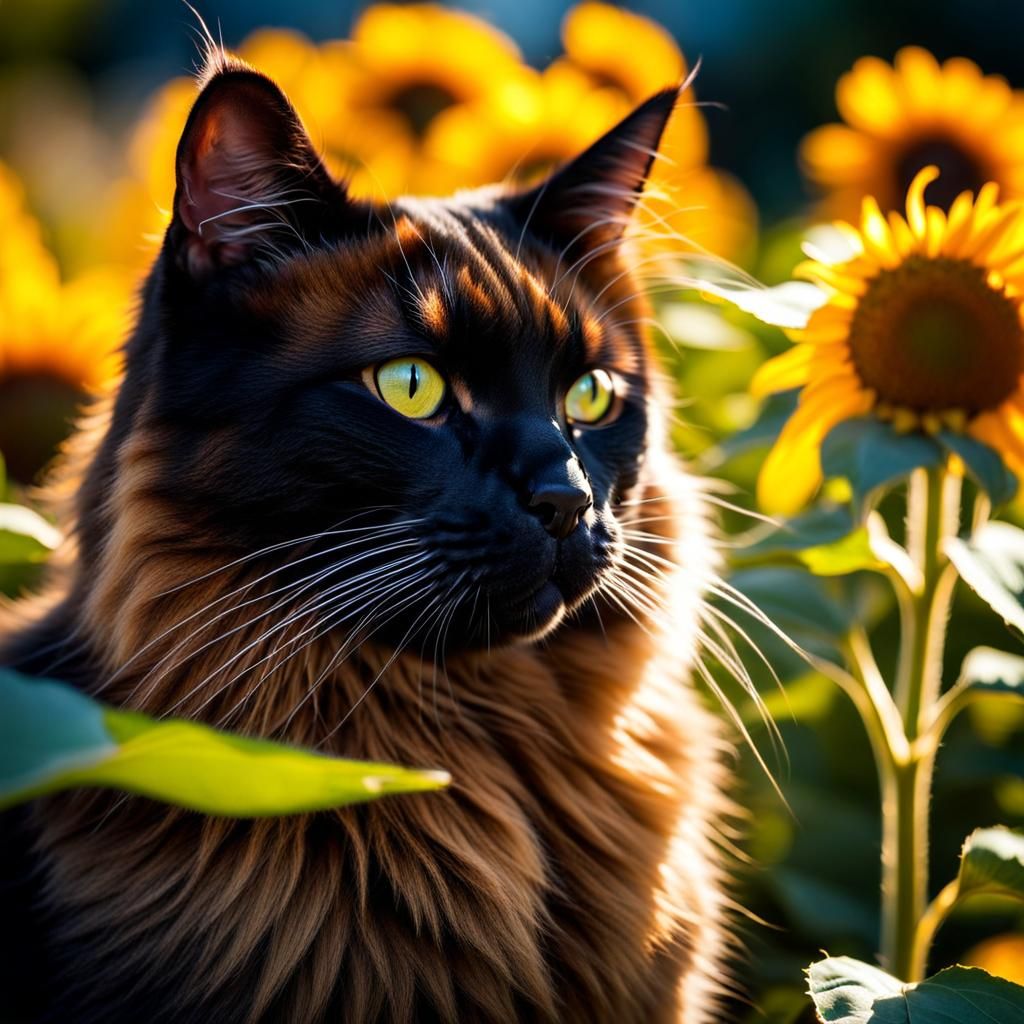 Cat in Sunflower Garden with Radiant Light