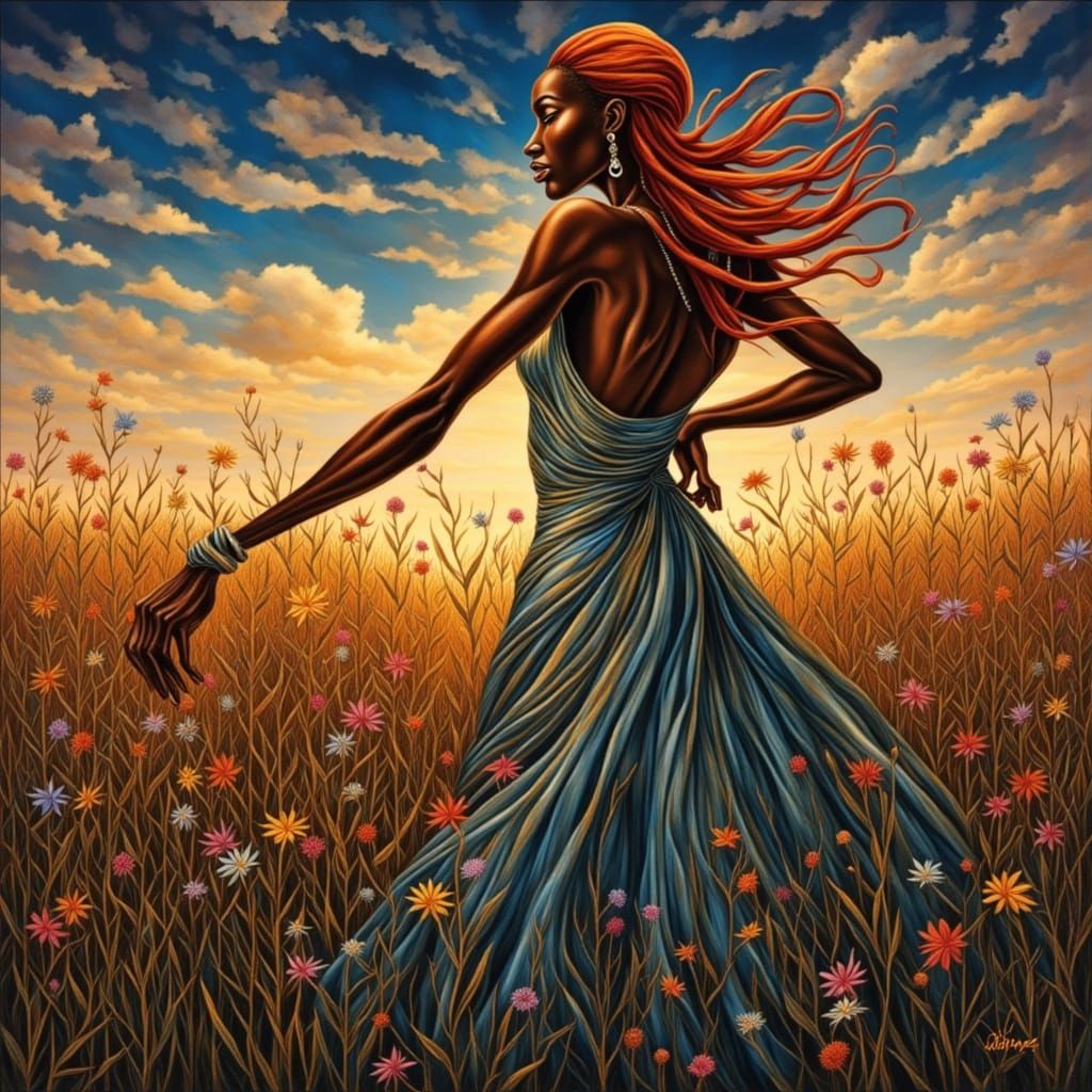 Stunning Woman in Bioluminescent Field, Impasto Oil Painting