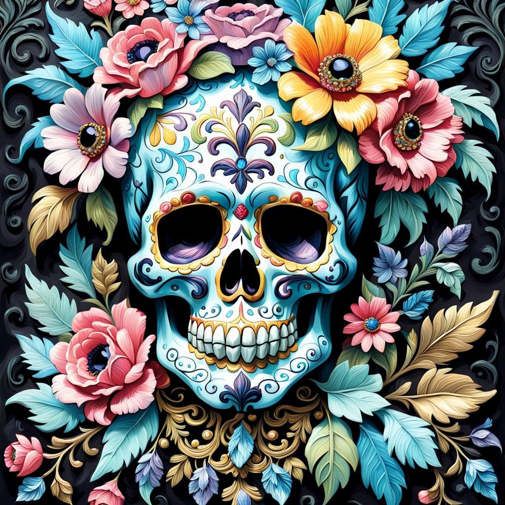 Ornate Crystal Sugar Skull in Impasto Style