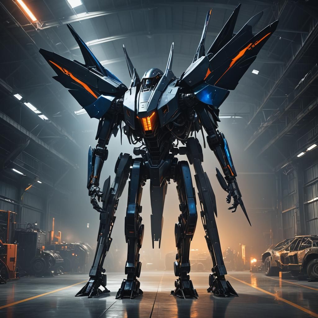 Headless Robotic Exoskeleton with Jet Wings in Hangar