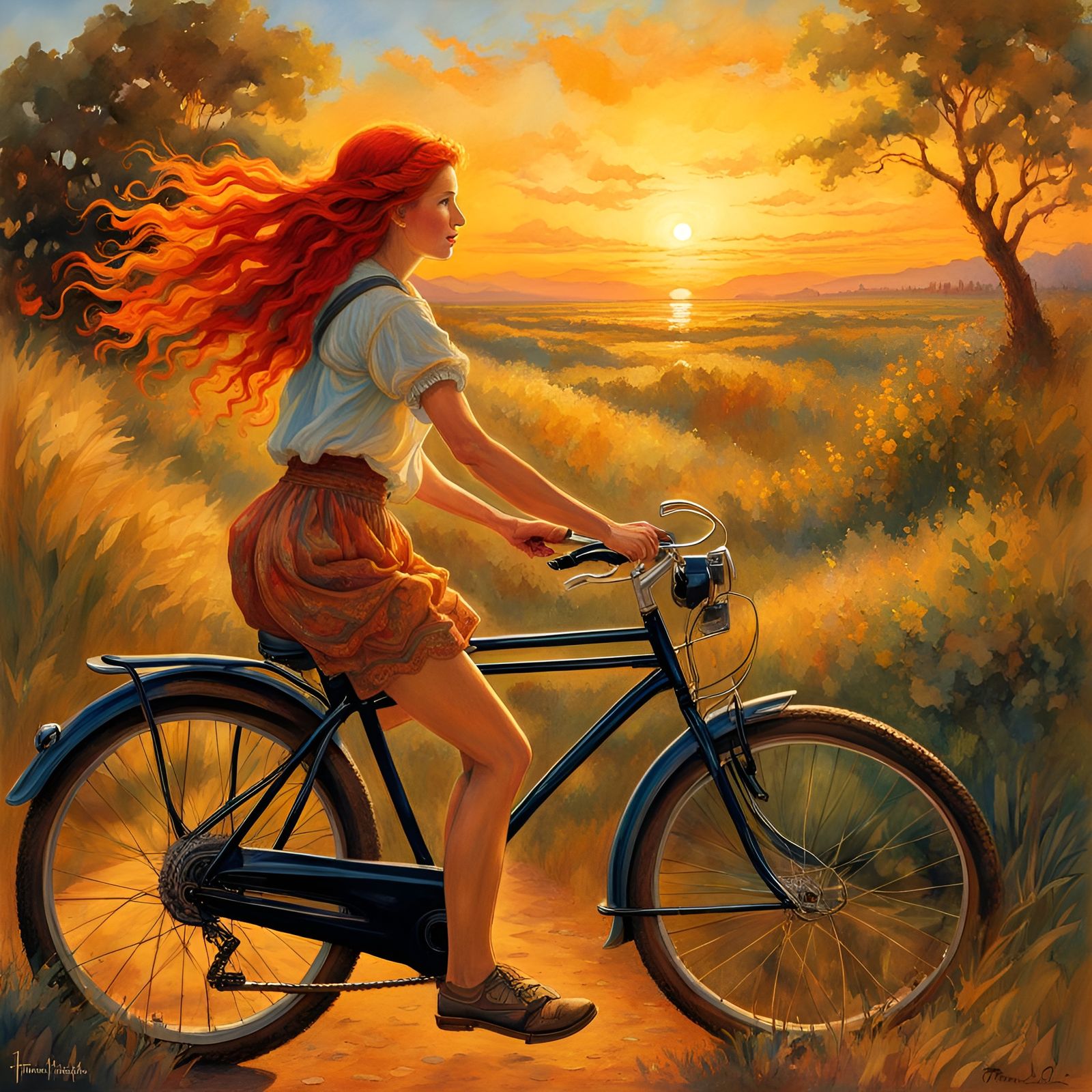 Woman on Bicycle at Sunset in Watercolor Style