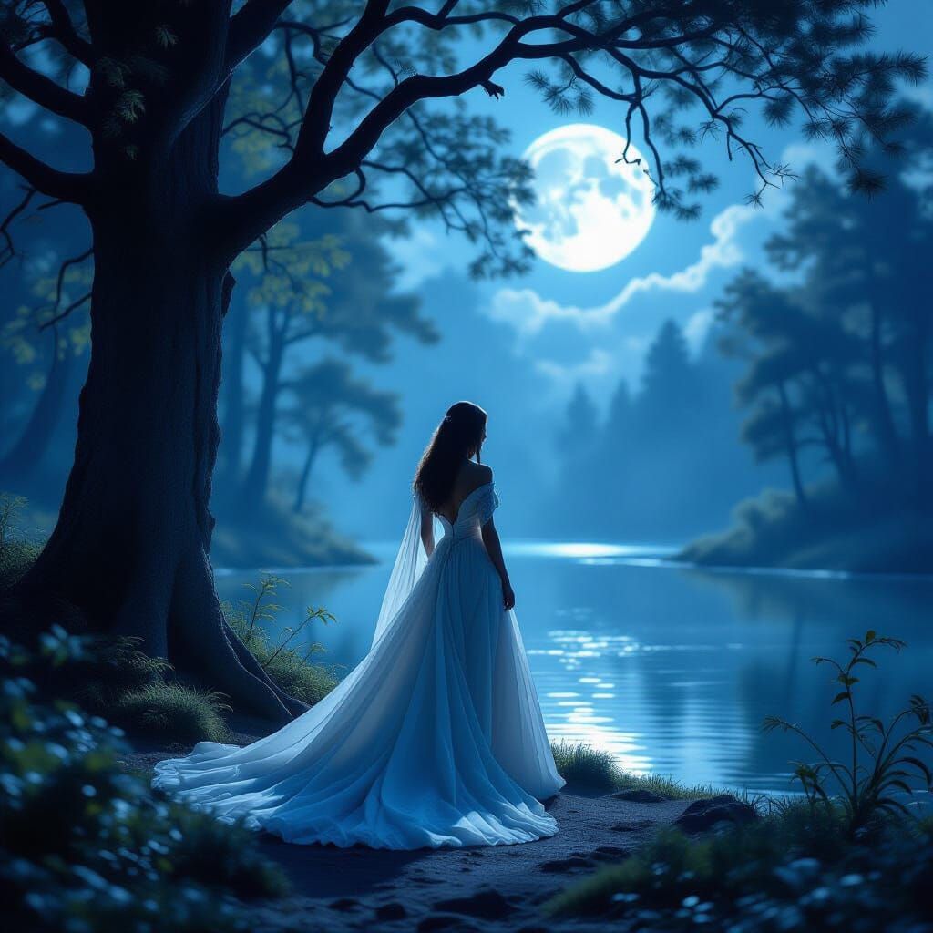 Woman in Moonlit Forest: Romantic Landscape Style