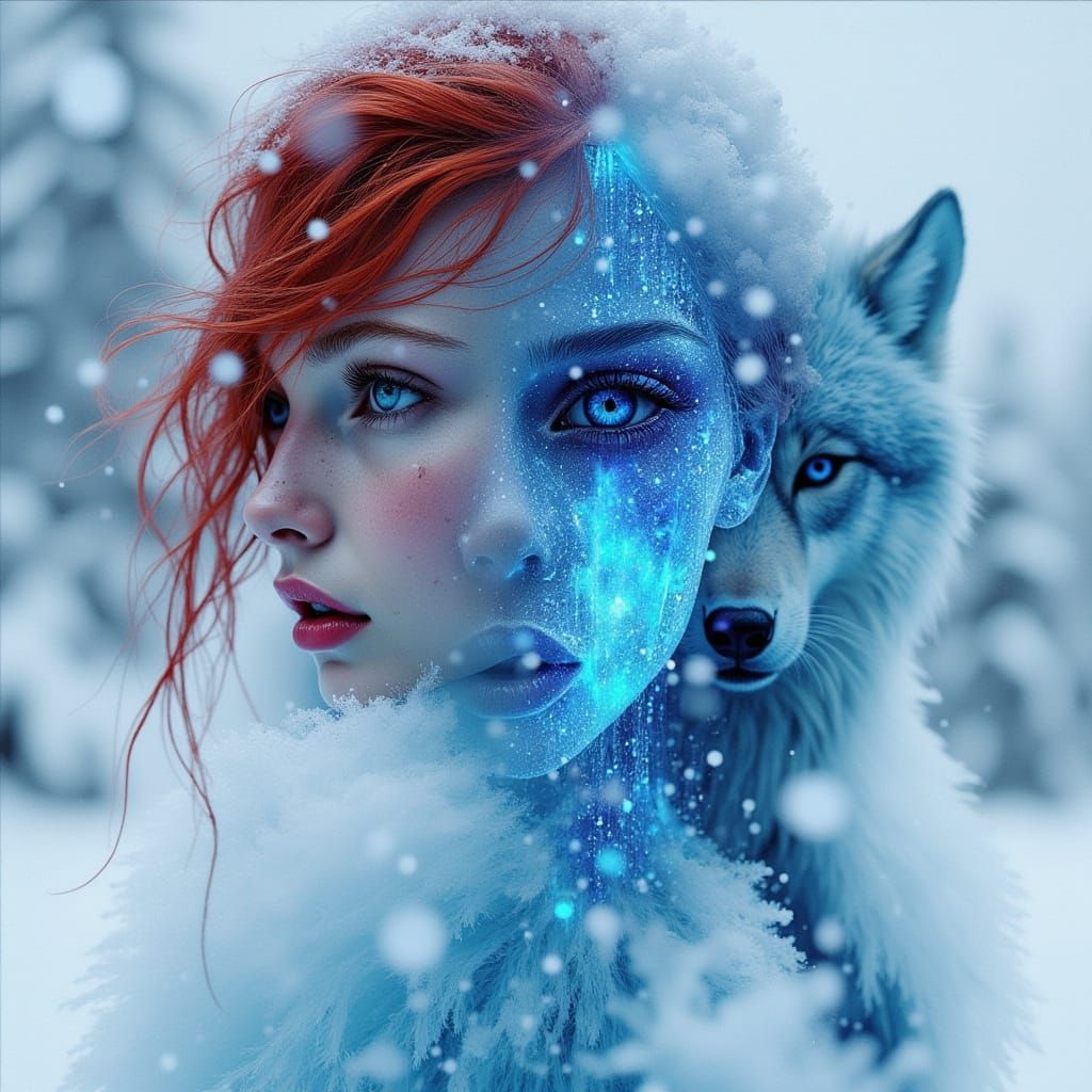 Surreal Snow Queen Double Exposure with Ice Wolf and Castle