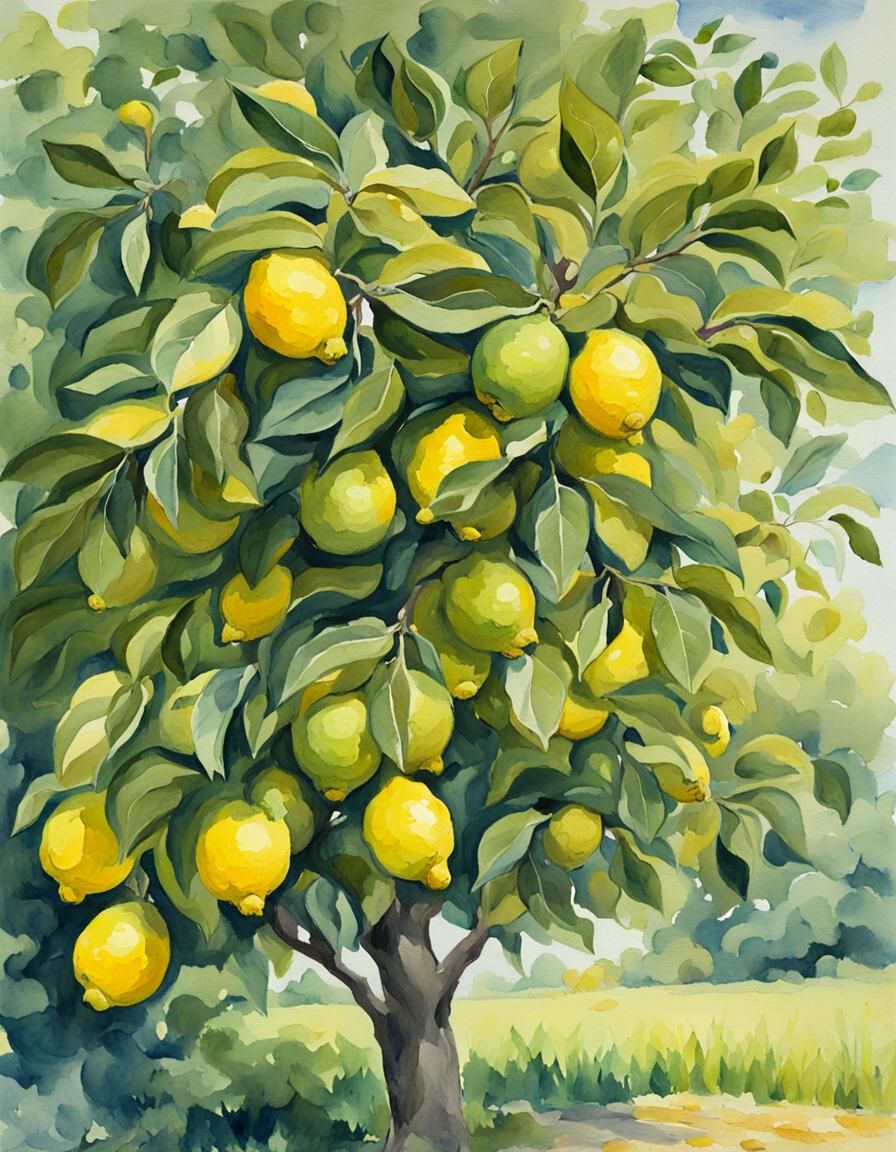 Watercolor painting of a lime tree with an abundance of lemons in Gouache Style, Watercolor, Museum Epic Impressionist M...