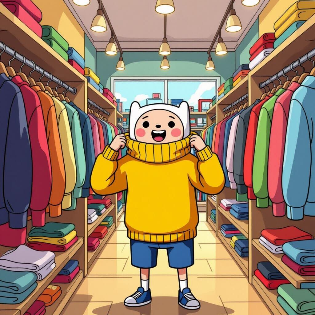 Finn the Hero Tries on a Yellow Sweater