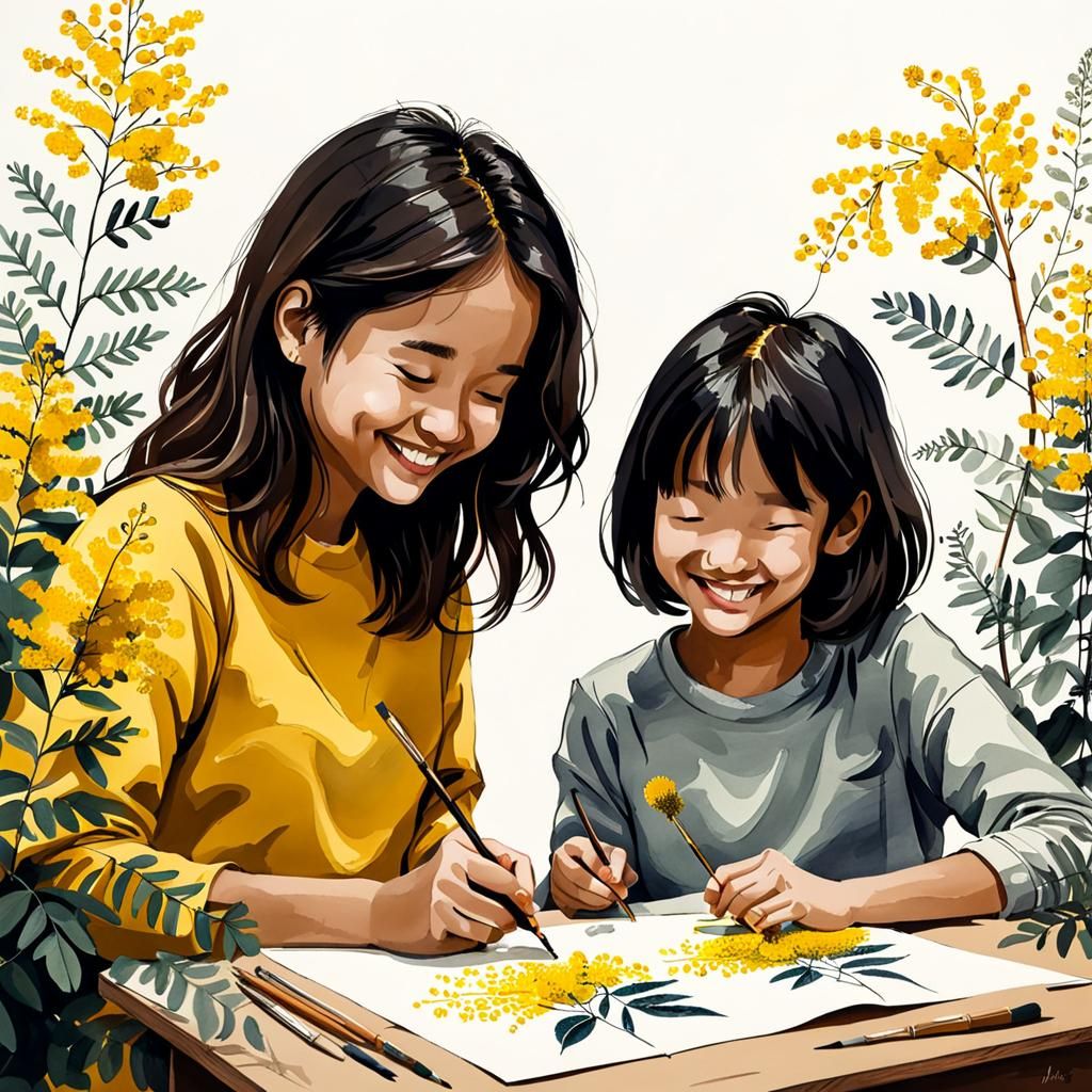 Children Painting Botanical Illustration of Mimosa