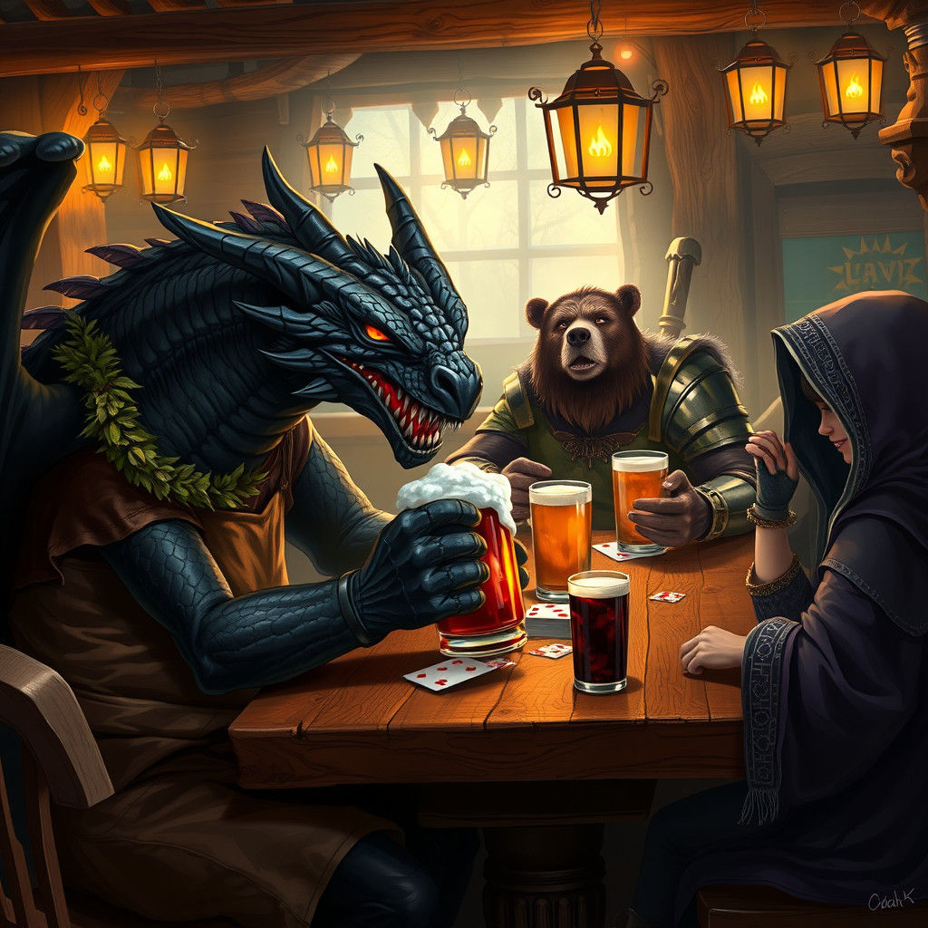 Fantasy Pub Scene: Dragon, Druid, Fighter, and Witch
