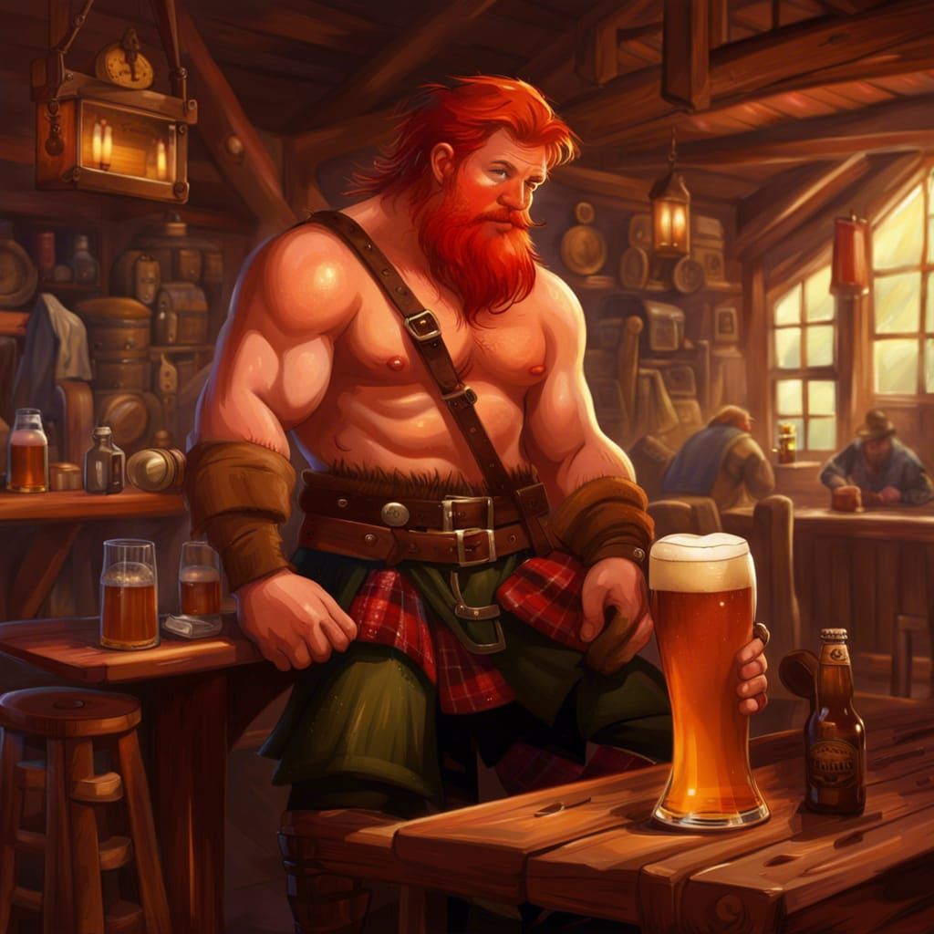 Redhead Lumberjack in Kilt Drinking Beer, Fantasy Art