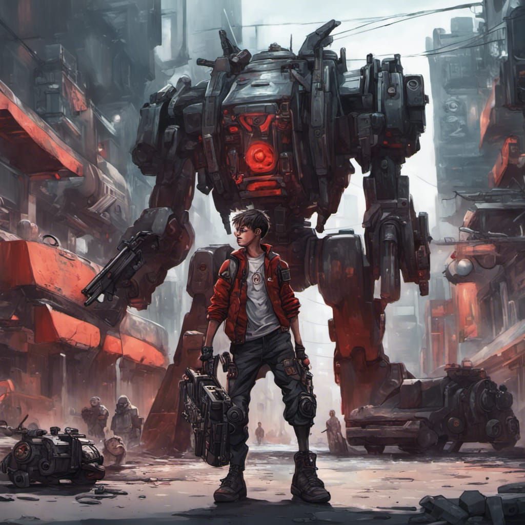 cyberpunk ragamuffin boy plays with cyberdog in dystopic industrial city, as steampunk black and red Mechas cross the st...