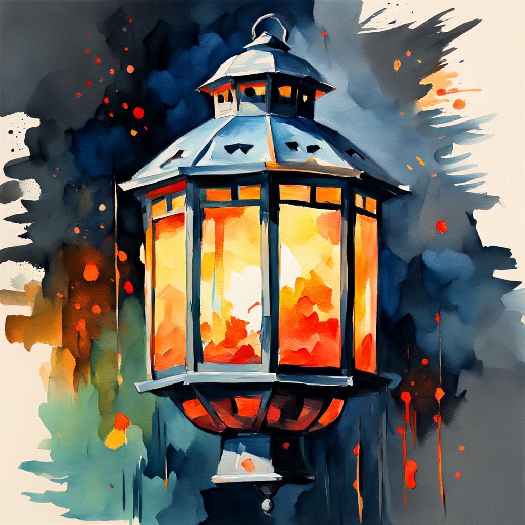 Lantern in Gouache Style, Watercolor Painting
