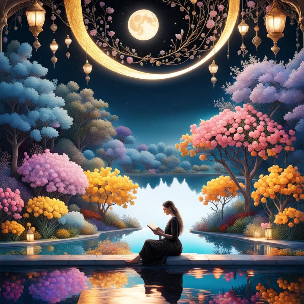Woman Reading by Moonlit Pool in Palekh Style