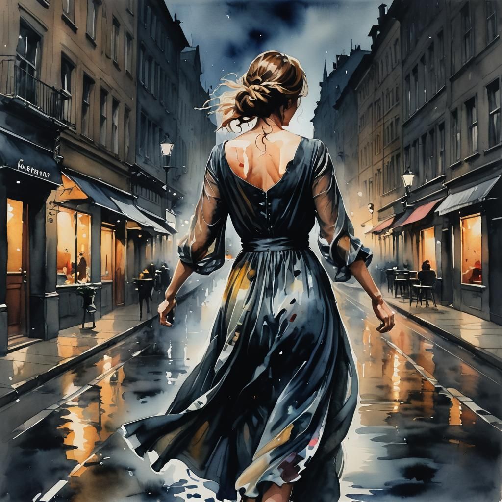 Woman in Silk Dress Running: Impressionist Watercolor