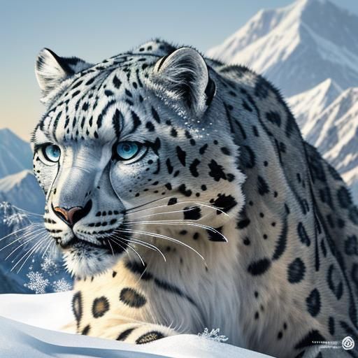 Hyperrealistic Snow Leopard in Snowy Mountains