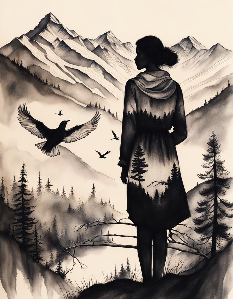 Double Exposure Woman with Mountain Landscape