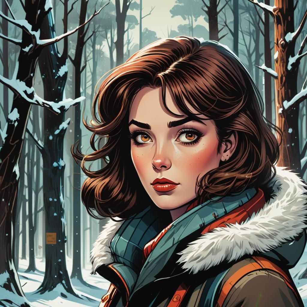 Girl in Winter Woods: Retro Comic Book Illustration