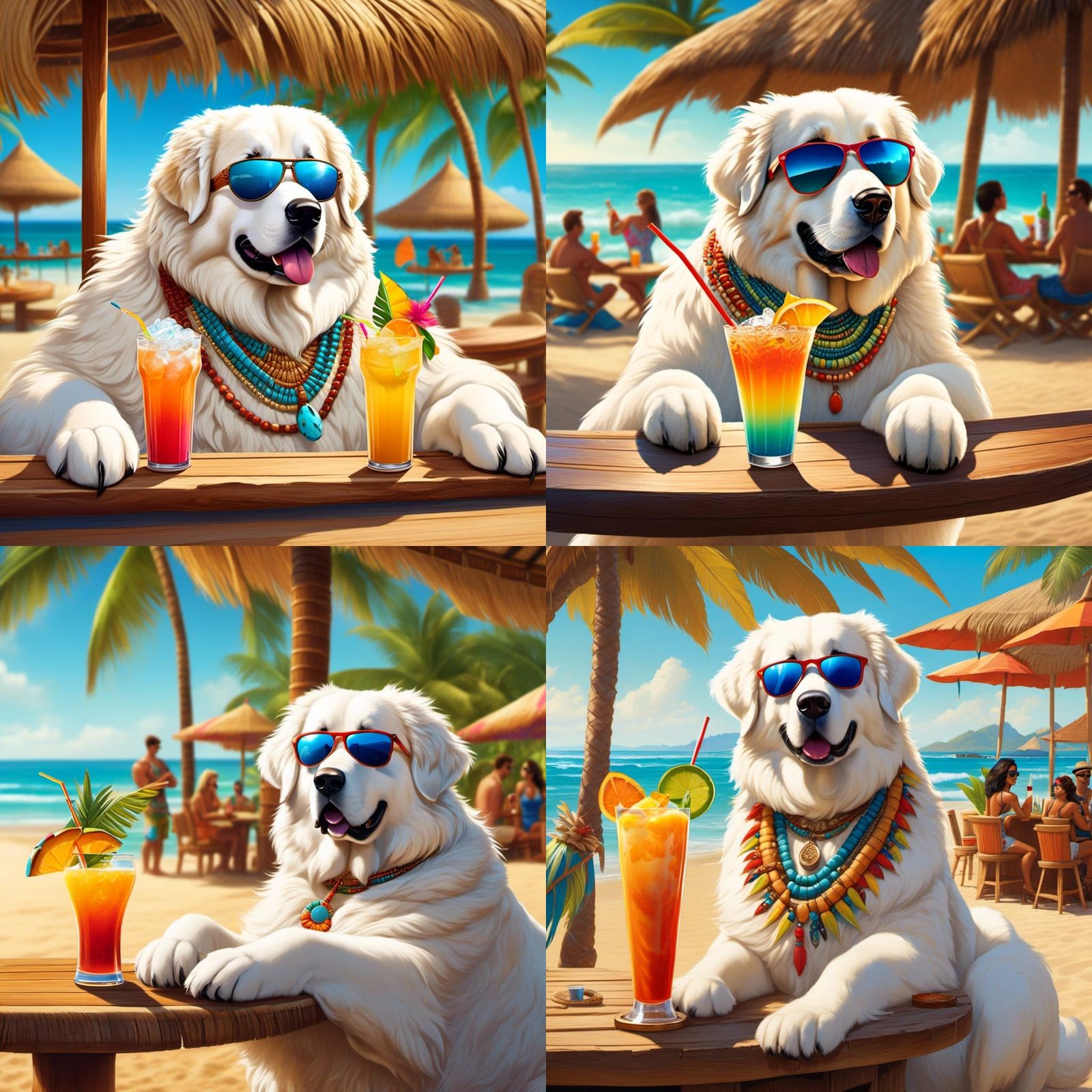 Anthropomorphic Great Pyrenees Dog at Beach Tiki Bar