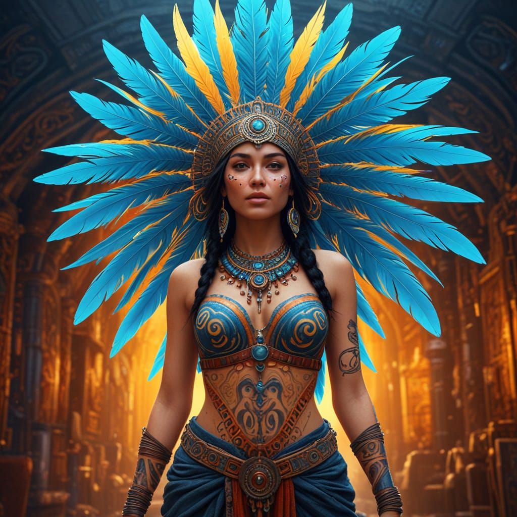 Mythic Goddess with Quetzalcōātl Feathers and Intricate Inca...