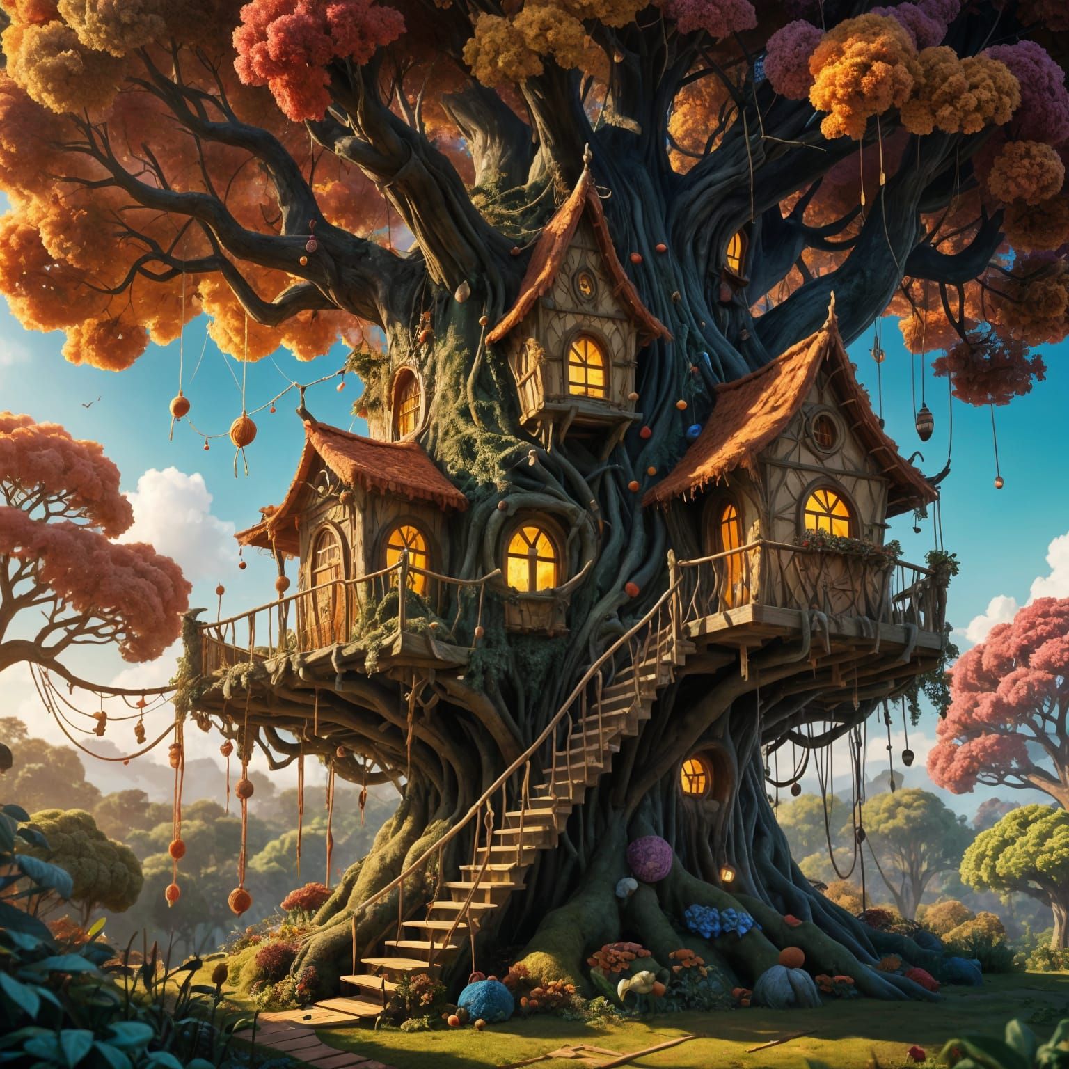 Whimsical Macrame Treehouse in a Vibrant Yarn Forest