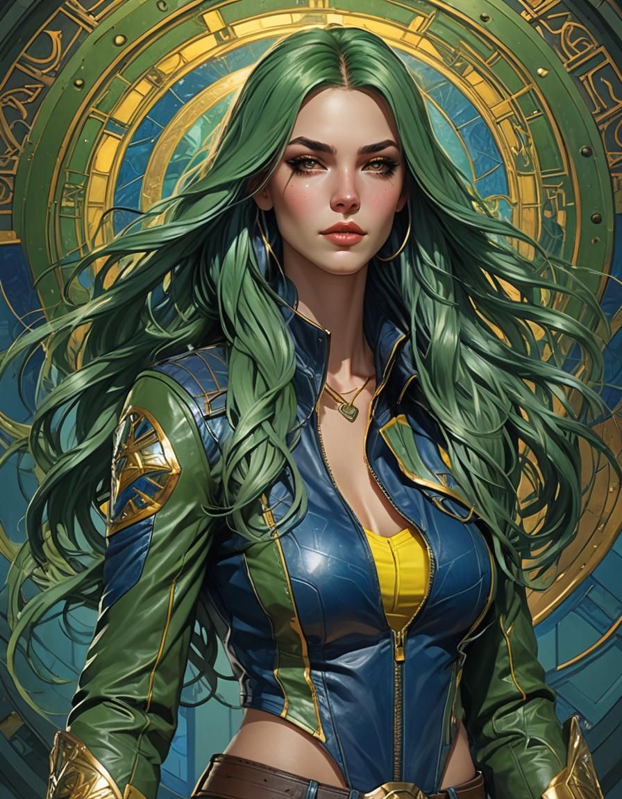 Green-Haired Woman in Royal Blue Jacket, Art Nouveau Style