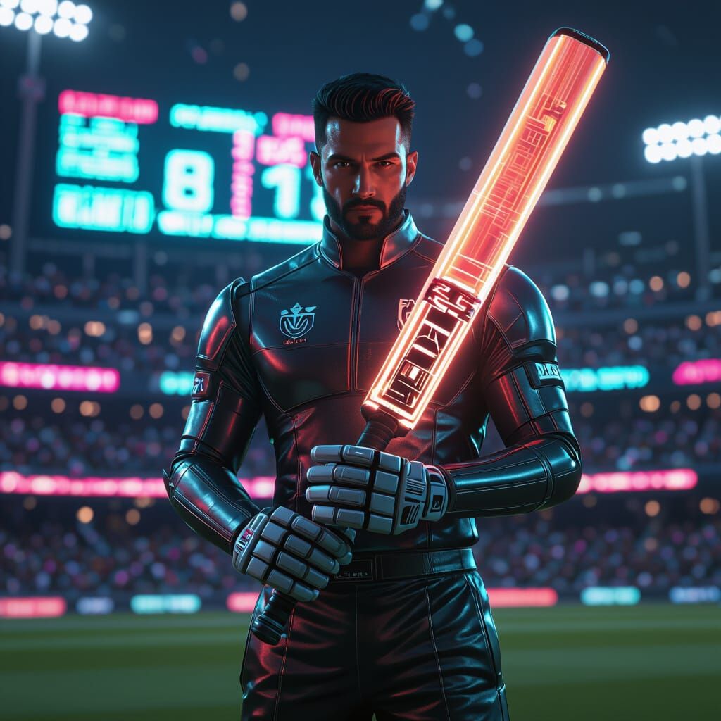 Futuristic Cricketer in Sci-Fi Stadium with Glowing Bat