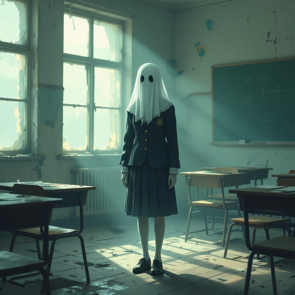 Ghostly Figure in Abandoned Classroom