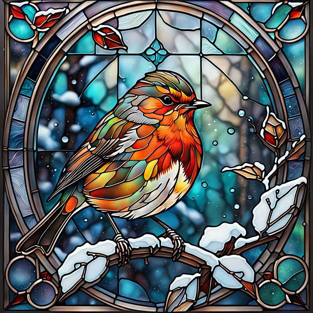 Splash ink, stained-glass, winter robin redbreast bird, the best quality, fragile, intricate detail, transparency, vinta...