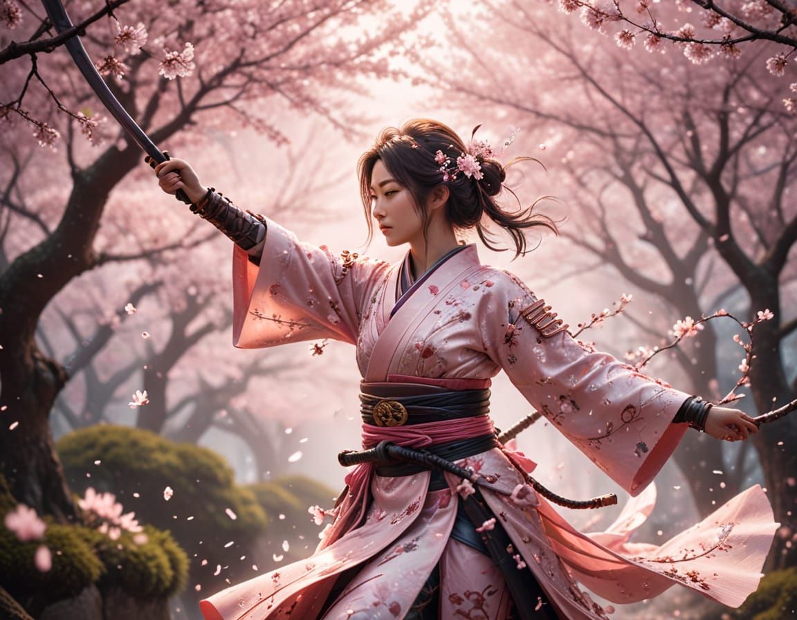 Serene Samurai in Cherry Blossom Grove