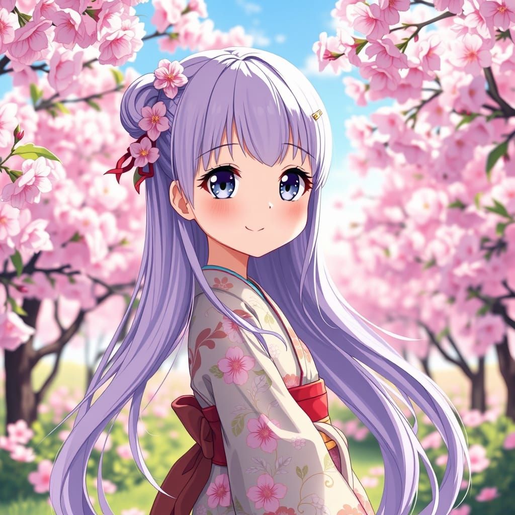 Enchanted Anime Girl in Vibrant Cherry Blossom Garden