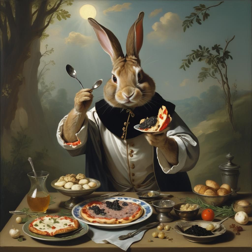 Rabbit Saint Enjoys Caviar: Baroque-Style Portrait