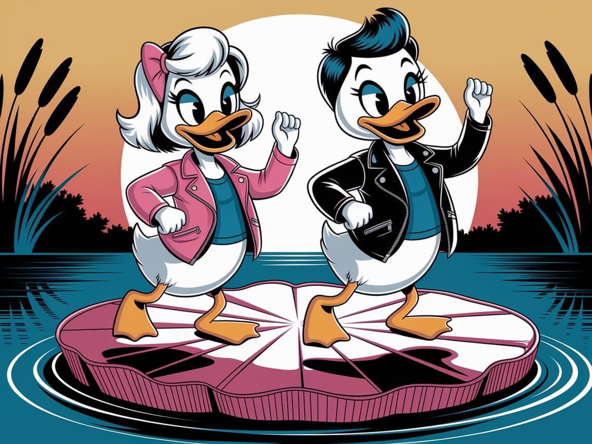 Cartoon Ducklings Rock 'n' Roll Dance on Lily Pad