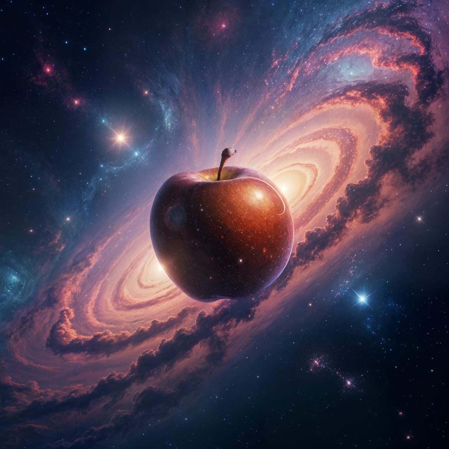 Surreal Apple Floating in Cosmic Void