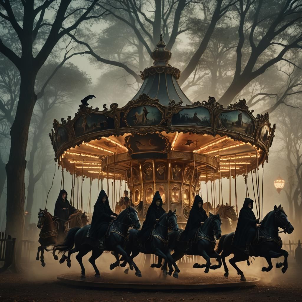Witches Ride a Mystical Carousel in Misty Forest