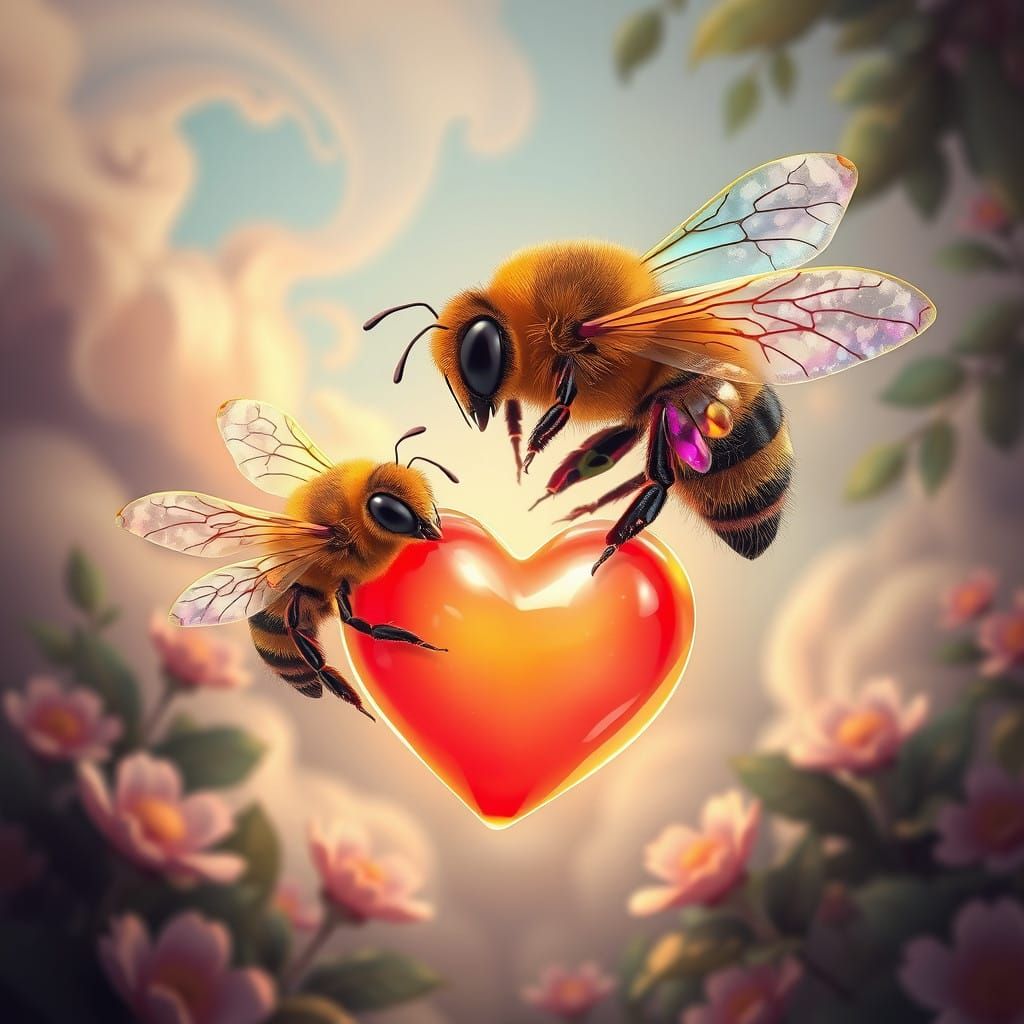 Love bees. Two honey bees flying around a love heart