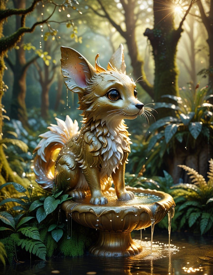 Magical Animal Fountain in Surreal Forest