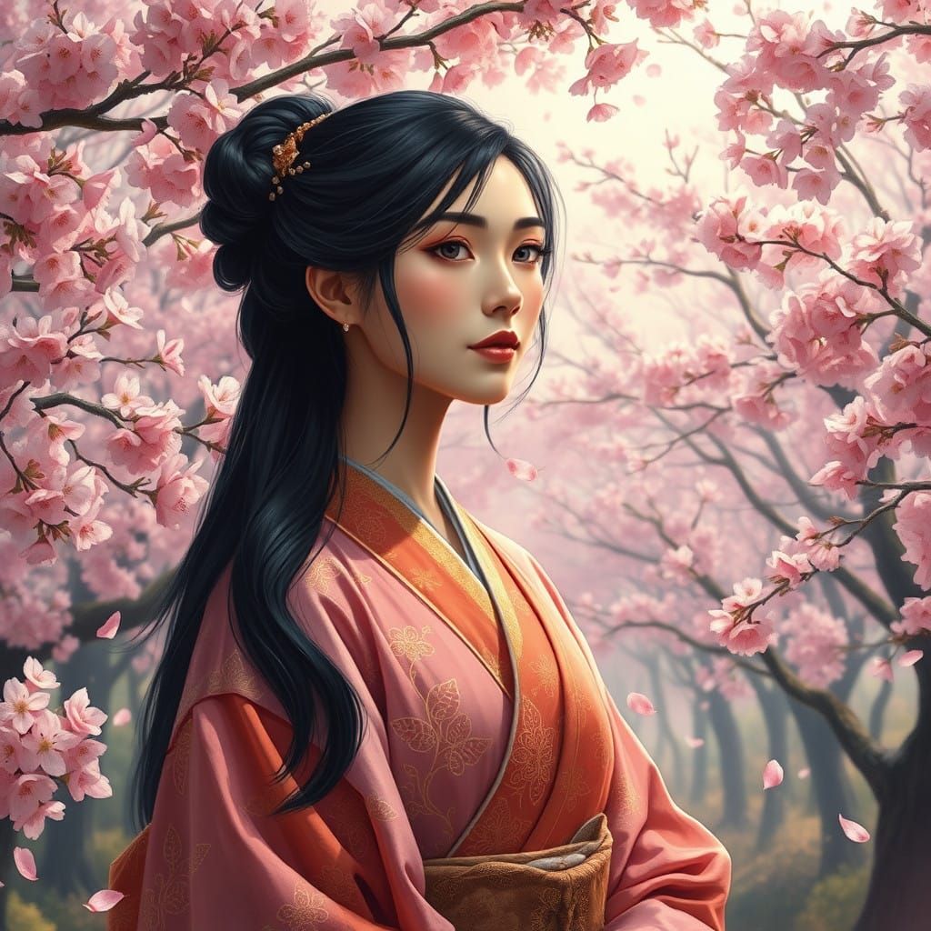 Elegant Woman in Traditional Japanese Kimono amidst Sakura F...