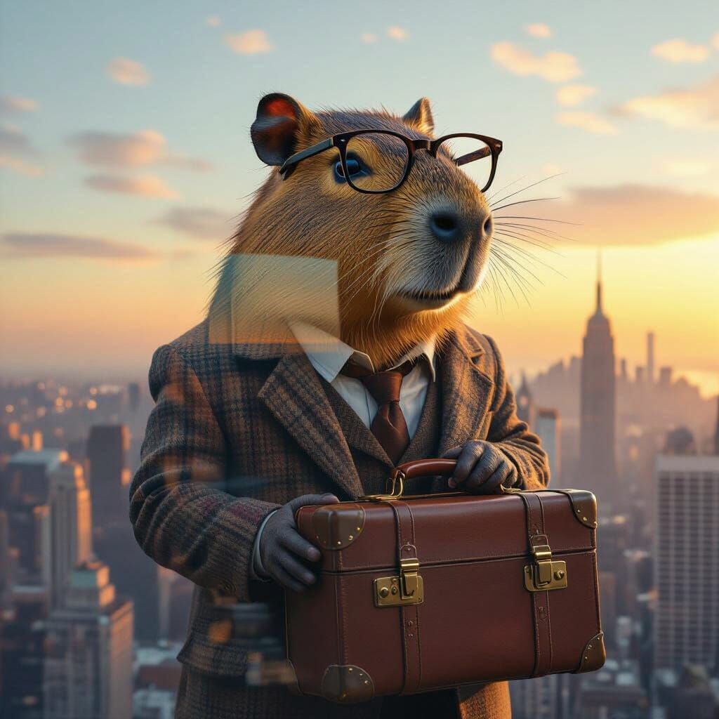 Surreal Capybara in Cityscape Oil Painting